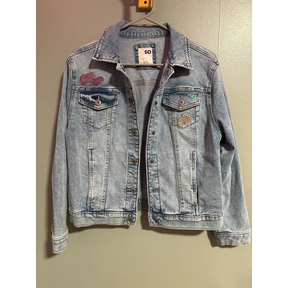 SO Denim Jacket Girls XL 14/16 Embroidered Flowers Smiley Face Jean Jacket